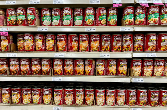 Spencer,Wisconsin,U.S.A. February,2,2022   Several cans of Campbell's Chunky soup on a store shelf