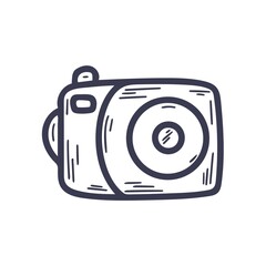 Photo camera doodle style. Hand drawn camera sketch for capturing moments. Photographer equipment vector isolated illustration