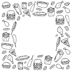 square frame made of fast food. vector pattern of ice cream, croissants, pizza, hamburgers, sandwiches, hot dog, with an empty space inside drawn in doodle style, black isolated outline for restaurant