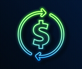 Fototapeta premium Glowing neon line Financial growth and dollar coin icon isolated on blue background. Increasing revenue. Vector