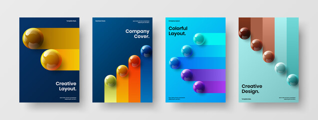 Geometric cover A4 vector design template collection. Bright realistic balls front page layout composition.