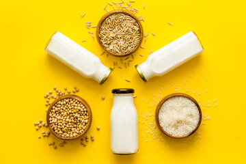 Non dairy vegan milk with ingredients - almonds rice and oats