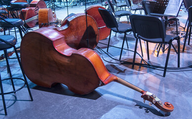 Musical instruments - two double bass or contrabass are in the orchestra room. In pending of the...