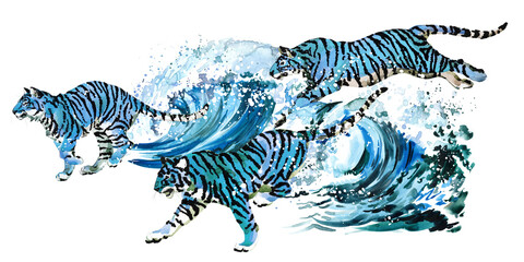 The water tiger. watercolor illustration of a blue tiger and sea wave. Chinese calendar.
