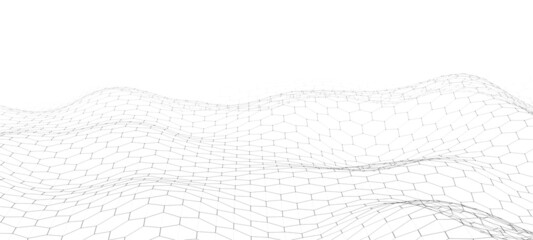 Futuristic vector hexagon wave. Dark cyberspace. Abstract wave with dots and line. White moving particles on background.