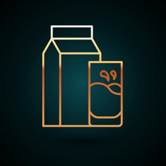 Gold line Paper package for kefir and glass icon isolated on dark blue background. Dieting food for healthy lifestyle and probiotics fulfillment. Vector