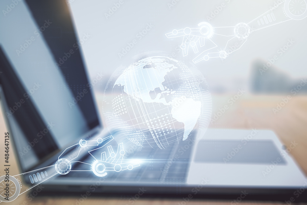 Aufkleber double exposure of robotics technology with world map hologram on laptop background. research and de
