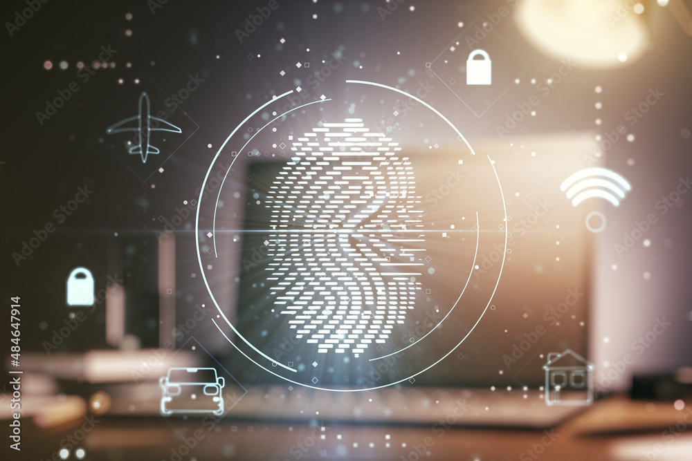Poster Double exposure of abstract creative fingerprint hologram on computer background, protection of personal information concept