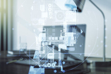 Double exposure of creative artificial Intelligence symbol with modern laptop on background. Neural networks and machine learning concept