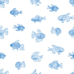 Beautiful seamless pattern with blue fish. Hand painted watercolor illustration on white background. Great for fabrics, wrapping papers, wallpapers.