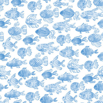 Beautiful seamless pattern with blue fish. Hand painted watercolor illustration on white background. Great for fabrics, wrapping papers, wallpapers.