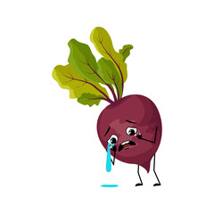 Beet character with crying and tears emotion, sad face, depressive eyes. Person with melancholy expression, vegetable emoticon. Vector flat illustration