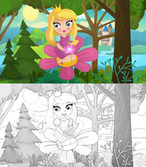 cartoon scene with nature forest princess and castle