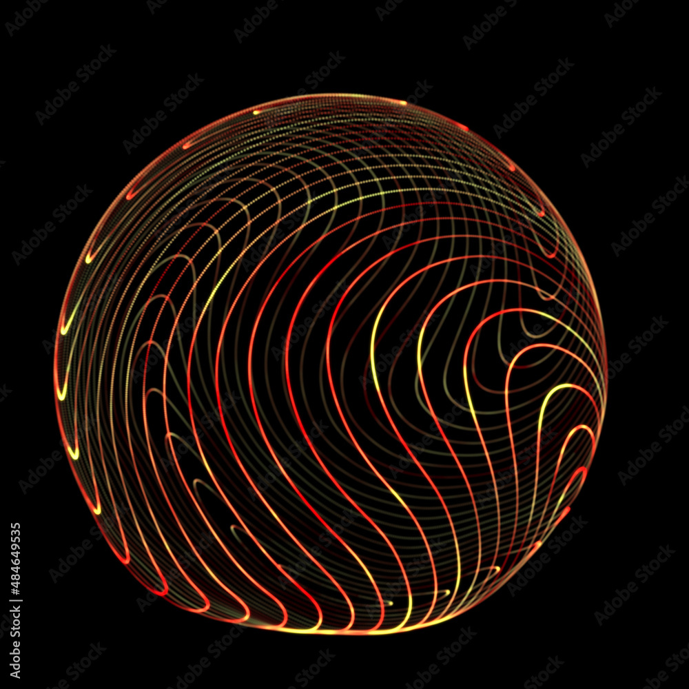 Poster Wireframe red sphere with twisted lines. Futuristic technology circle with twisted glowing lines. Abstract 3d logo. Illustration of curled stripes shape.