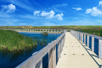 Floating boardwalk heading to the dunes in Prince Edward Island National Park, Canada.