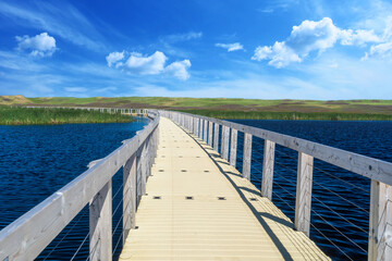 Floating boardwalk heading to the dunes in Prince Edward Island National Park, Canada.