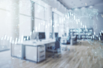 Multi exposure of virtual creative financial graph and world map on a modern furnished office background, forex and investment concept