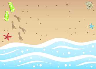 Top view of sea shore waves with marine stars, shell, flip flops and footprints on sand. Summertime vector illustration with copy space for text.