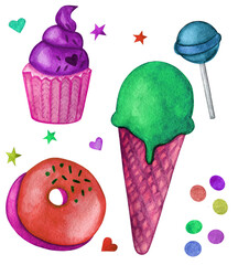 Clipart - lollipop ice cream cupcake candle star. Watercolor food illustration isolated on white. Design for greeting card, fabric, textile, wallpaper, menu, packaging, print, wrapping, baby room.