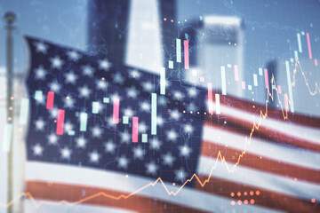 Multi exposure of abstract financial diagram and world map on US flag and city background, banking and accounting concept