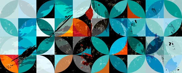 Poster abstract geometric background pattern, with circles, squares, paint strokes and splashes, retro style © Kirsten Hinte