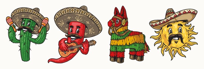 Cheerful mexican characters vintage set - obrazy, fototapety, plakaty