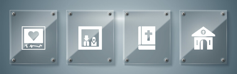 Set Church building, Holy bible book, Family photo and Photo frames and hearts. Square glass panels. Vector