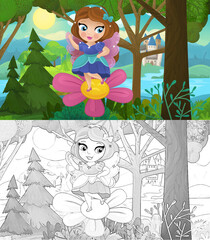 cartoon scene with nature forest princess and castle