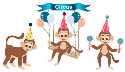 Circus banner and three monkeys in clown hats.