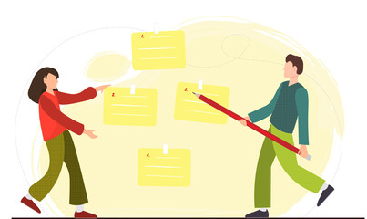 Happy tiny woman and man hanging paper notes and writting check list, information concept, flat vector illustration