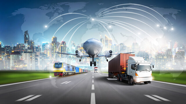 Global business logistics import export and world map network distribution, Cargo Plane, Container Truck on highway, Freight Train at city background, Smart technology, Transportation industry concept
