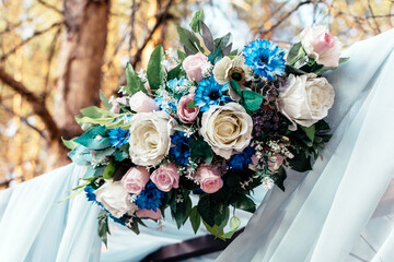 Wedding decor of colorful flowers in nature close up