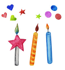 3 candles with burning flame stars hearts confetti. Watercolor food illustration isolated on white. Design for greeting card, fabric, textile, wallpaper, menu, packaging, print, wrapping, baby room.