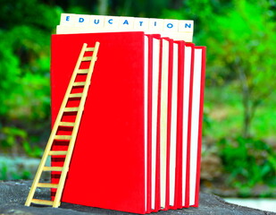 Books and education. Stack of books arranged side by side with a wooden staircase and the word education on top.    