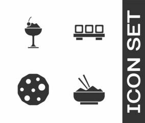 Set Rice in a bowl with chopstick, Ice cream, Cookie or biscuit and Sushi on cutting board icon. Vector
