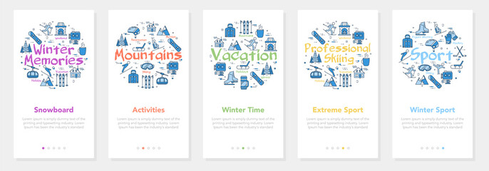 Set banners with icons, winter entertainment, mobile app design flat style vector illustration, isolated on white.