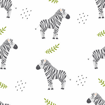 Seamless pattern with cute zebra on a white background. Vector childish illustration