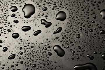 Black metal water drops on dark reflective surface