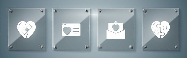 Set Heart, Envelope with Valentine heart, Dating app online and Healed broken. Square glass panels. Vector