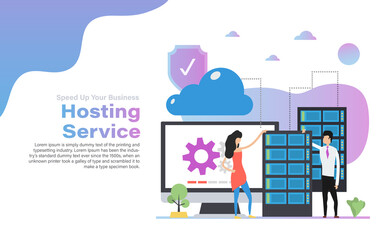 Banner inscription Speed Up Your Business, hosting service social ad banner, flat style vector illustration, isolated