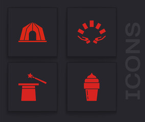 Set Ice cream, Circus tent, Hand holding playing cards and Magic hat wand icon. Vector