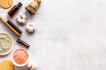 Body skin care products with bathing cosmetics top view