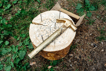 A log with a hammer and nails on the green grass