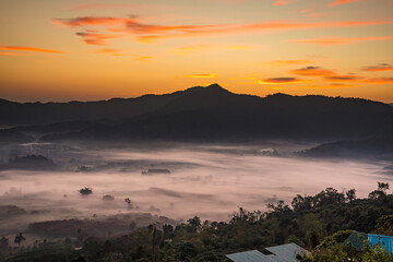Sunrise and The Mist with Mountain Background , Landscape at Phu Langka, Payao Province, Thailand.
