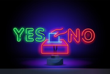Yes No Neon Text Vector. Yes No neon sign. Vector illustration of hand voting with Yes and No in neon style suitable for website design and advertising