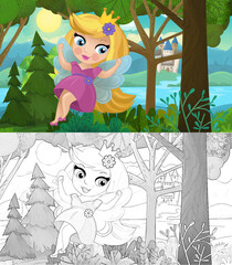 cartoon scene with nature forest princess and castle