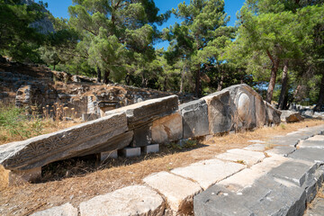 Fototapeta na wymiar Priene ancient city ruins is an Ionian city established in Aydın Söke, approximately 100 km from the ancient city of Ephesus. TURKEY