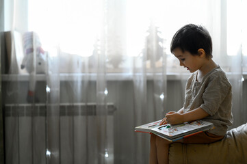a little boy is sitting on the couch at home and looking at pictures in a book