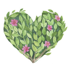 Watercolor leaf heart. Heart silhouette consist of leaves and branches. Illustration for the wedding, Valentine's Day. Love card with watercolor botanic bouquet. Green, pink leaves.
