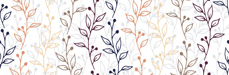 Berry bush sprigs botanical vector seamless background. Rustic floral textile print. Herb plants leaves and blossom wallpaper. Berry bush twigs spring endless pattern